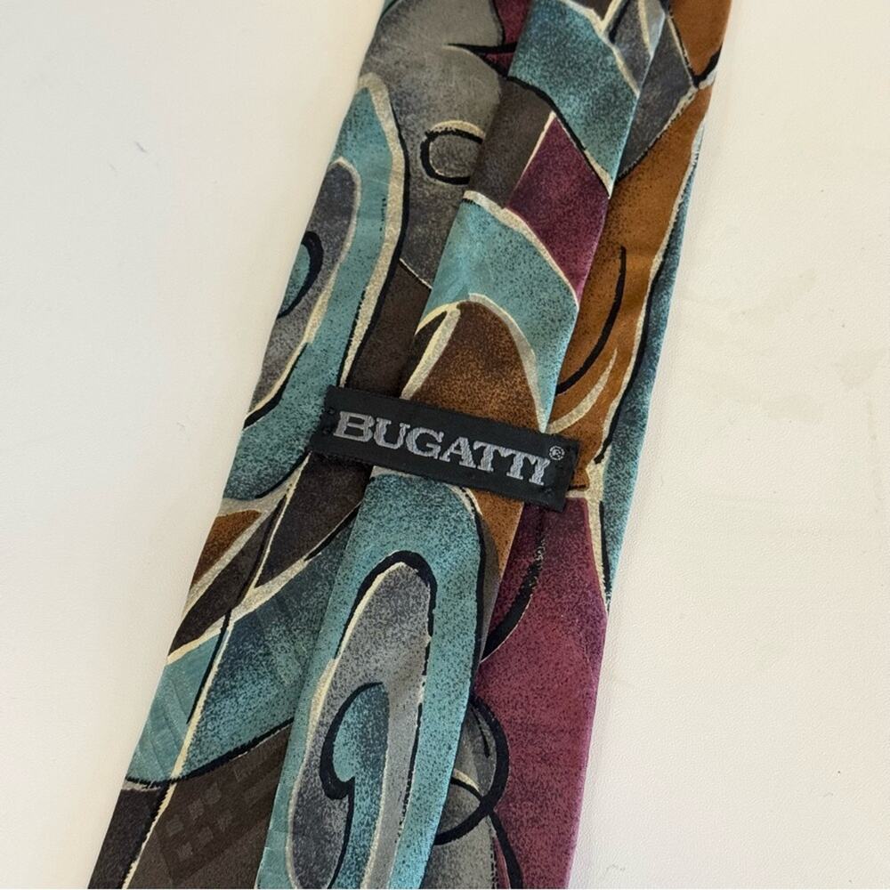 Bugatti Men's Multicolor Abstract Pattern Adjustable Italian Silk Pointed Tie - Picture 3 of 6